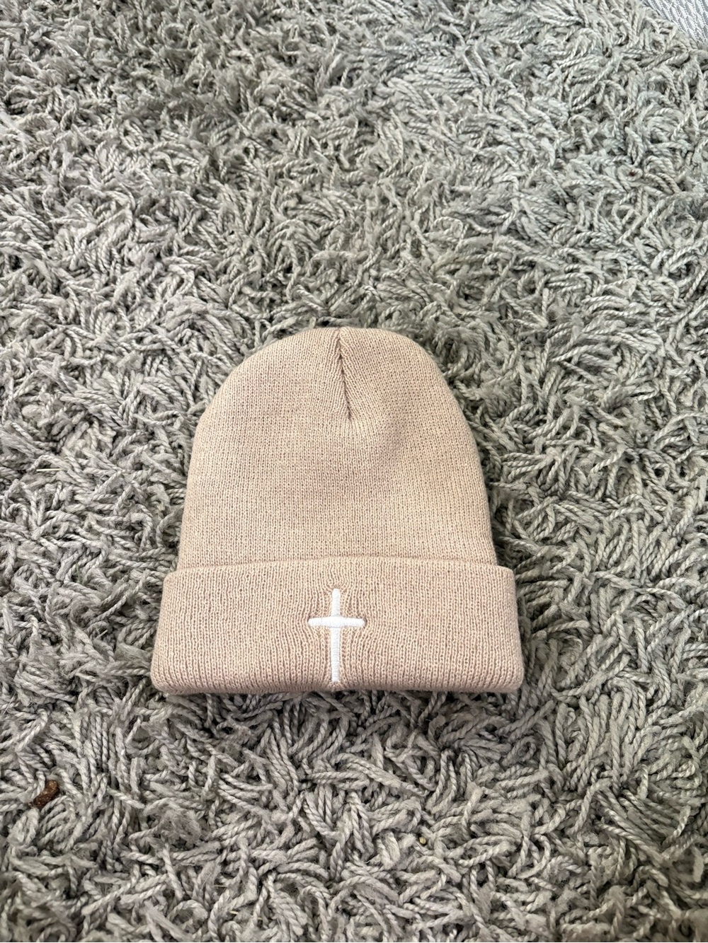 Embroidered Cross Knit Beanie - Beige